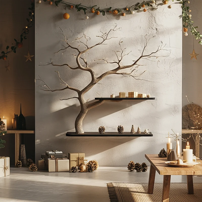 Spry Interior Rustic Tree Branch Bookshelf, Handcrafted Solid Wood Wall Hanging Display Organizer for Living Room, SINLSATBS102