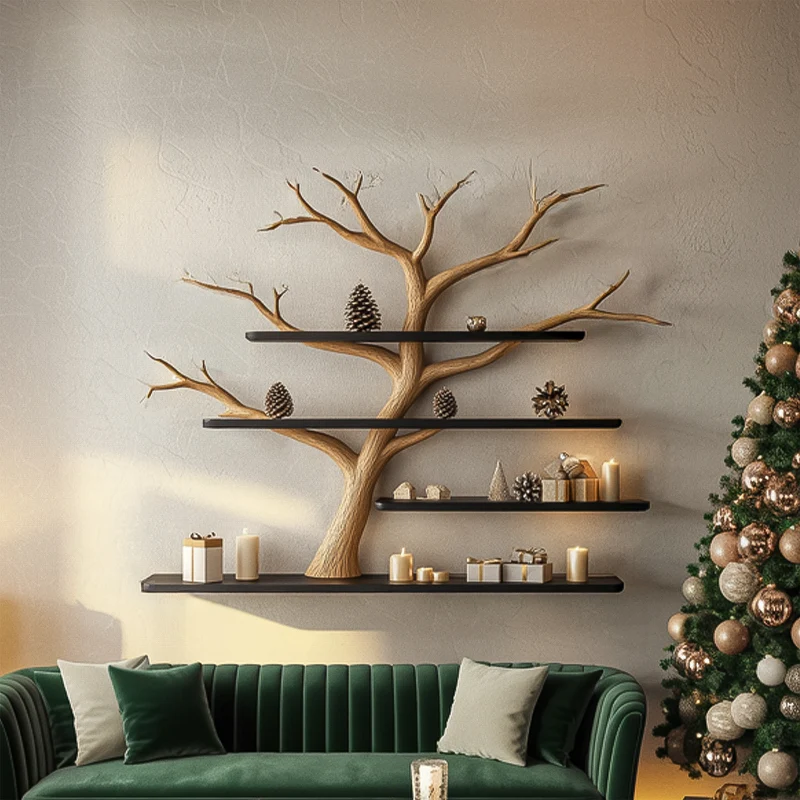 Spry Interior Rustic Tree Wall Shelf, Handcrafted Solid Wood Branch Bookshelf Organizer & Decorative Hanging Display, SINLSATBS101