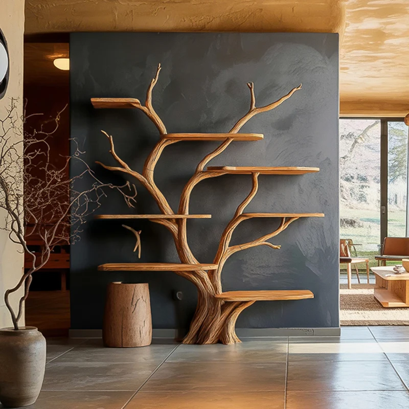 Spry Interior Rustic Organic Tree Bookshelf, Solid Wood Branch Design Wall Floating Bookcase for Contemporary Home Decor, SINLSATB561