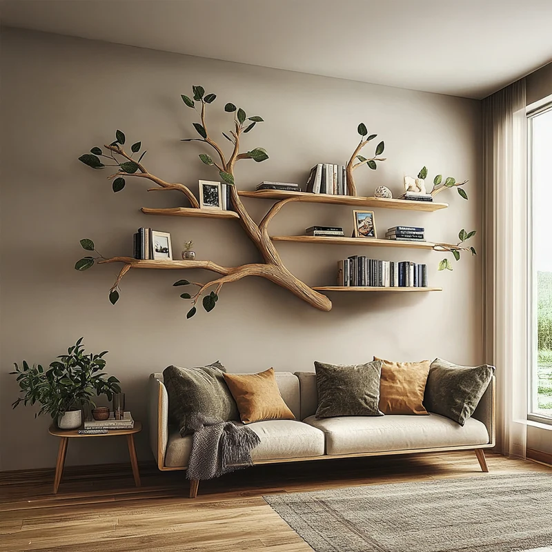 Spry Interior Rustic Solid Wood Tree Branch Floating Bookshelf, Wall-Mounted Artistic Bookcase & Display Shelf for Living Room, SINLSATBS037