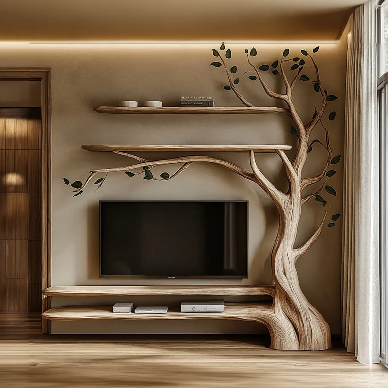 Rustic Tree Media Shelf Modern Living Space SINLKITB552
