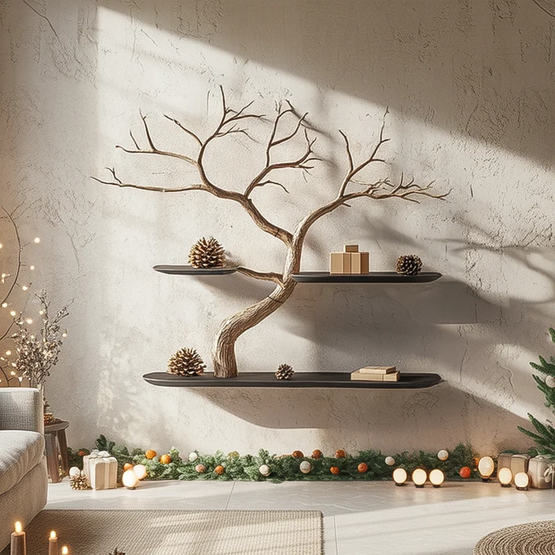 Spry Interior Rustic Organic Tree Bookshelf, Solid Wood Branch Wall Floating Bookcase for Holiday Entryway Decor, SINLSATBS103