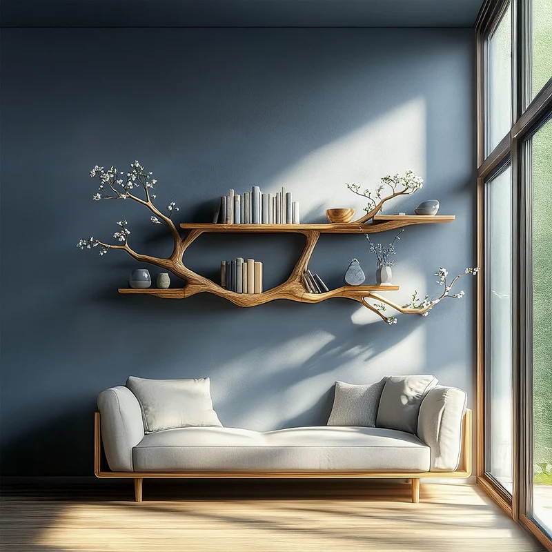 Spry Interior Handcrafted Tree Floating Shelf, Solid Wood Branch Wall Mounted Bookshelf for Modern Living Room Decor, SINLSATBS074