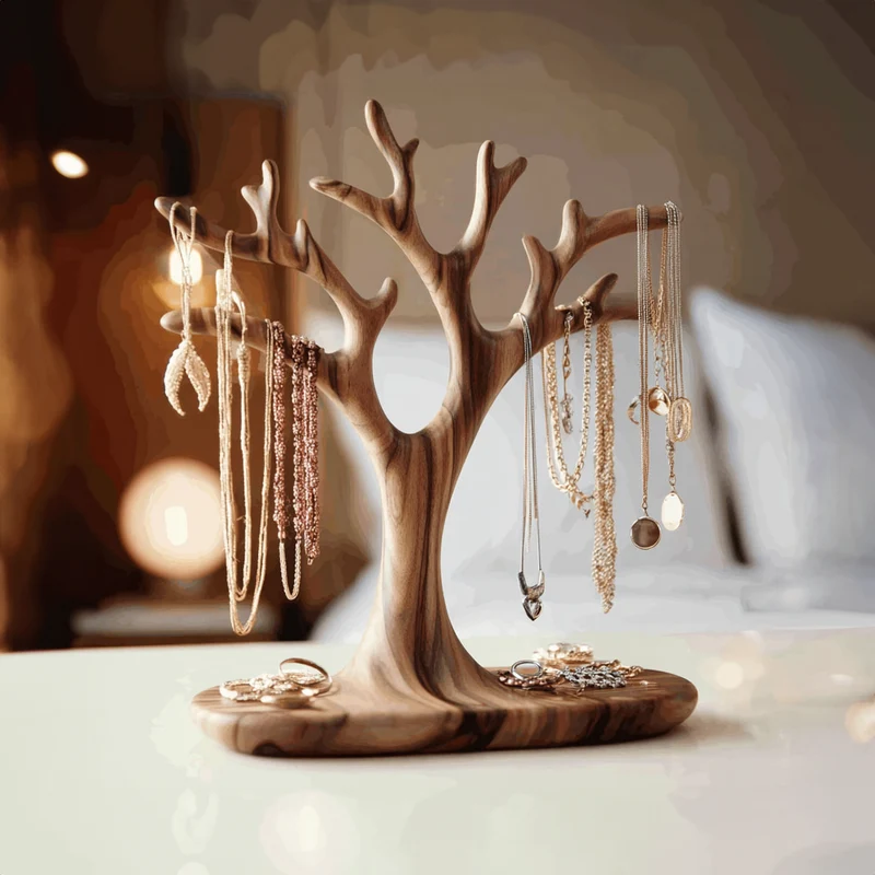 Organic Solid Walnut Jewelry Tree Organizer Stand SINLKITJR006