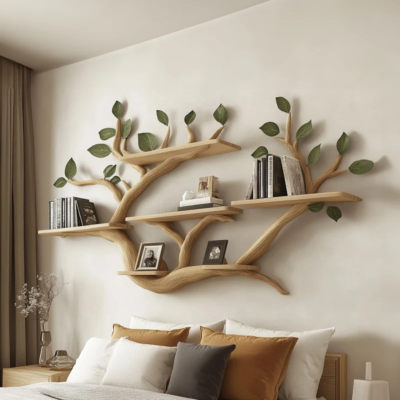 Spry Interior Rustic Tree Wall Floating Shelf, Artistic Solid Wood Branch Bookshelf for Bedroom & Living Room Decor, SINLKITBS045