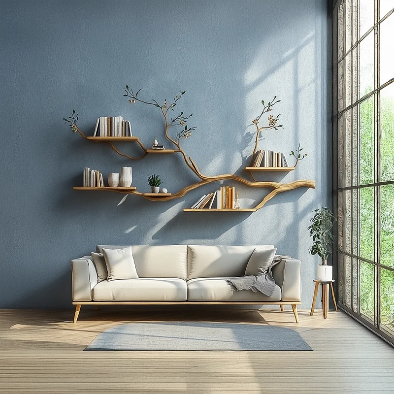 Spry Interior Rustic Tree Branch Floating Wall Shelf, Solid Wood Hanging Bookshelf & Display Rack for Natural Cozy Home Decor, SINLSATBS073