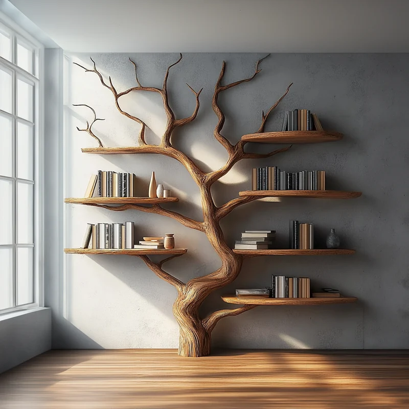 Spry Interior Rustic Tree Wall Shelf, Solid Wood Minimalist Branch Design Floating Bookshelf for Artistic Living Room Decor, SINLKITB555