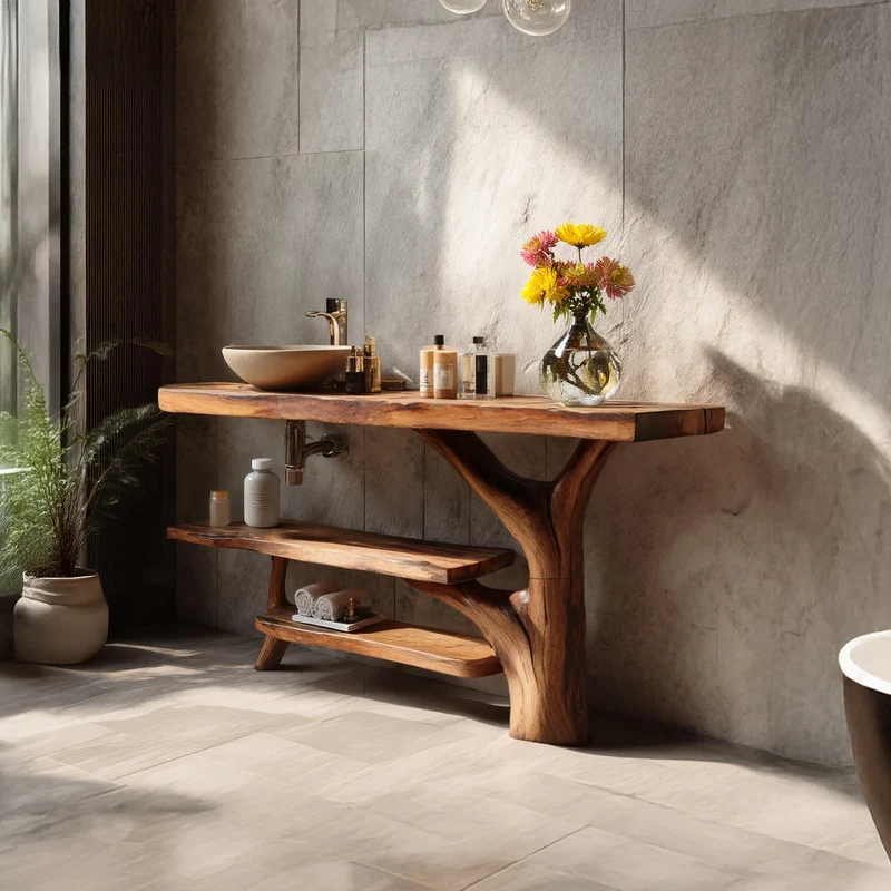 Spry Interior Handcrafted Solid Wood Bathroom Vanity, Live Edge Slab Sink Console for Elegant Bathroom Interior, SILDTTRBRV061