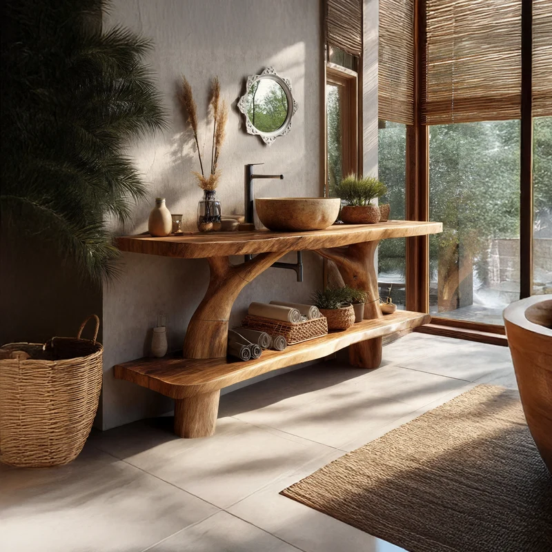 Spry Interior Mid Century Live Edge Bathroom Vanity, Solid Wood Slab Sink Console Table for Modern Bathroom Remodel, SILDTTRBRV090
