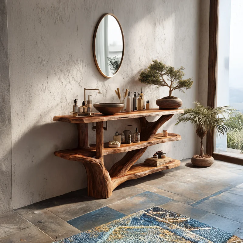 Spry Interior Mid Century Live Edge Bathroom Vanity, Solid Wood Tree Trunk Sink Console for Contemporary Bathroom Decor, SILDTTRBRV098
