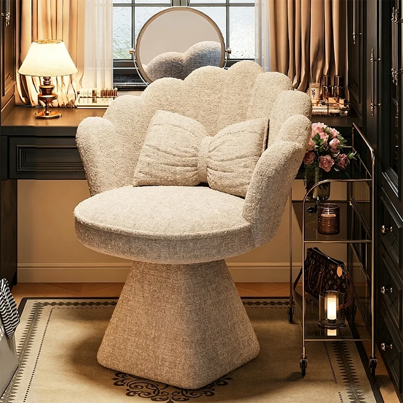 Traditional French Velvet Solid Wood Petal-Shaped Swivel Vanity Stool Backrest Armless For Bedroom