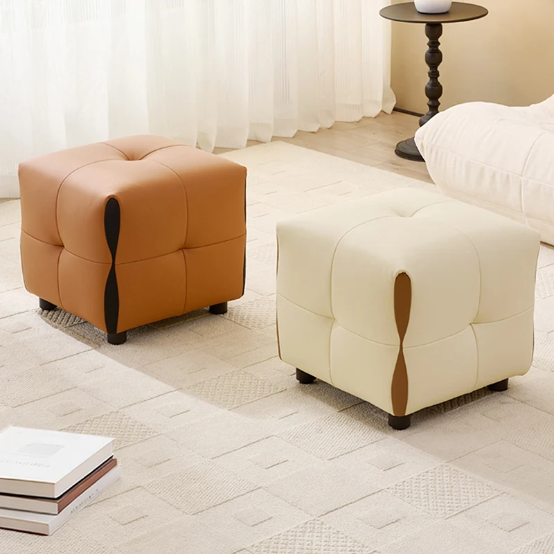 Contemporary Scandinavian Solid Wood Sponge Faux Leather Square Low Stool Backless Armless For Living Room & Entryway