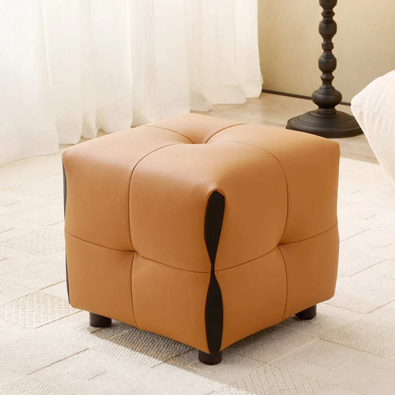 Contemporary Scandinavian Solid Wood Sponge Faux Leather Square Low Stool Backless Armless For Living Room & Entryway