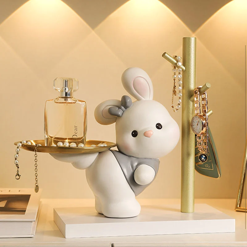 Contemporary Creative Resin MDF Stainless Steel Lucky Cat-shaped Rabbit-shaped Table Decor With Tray For Entryway & Living Room