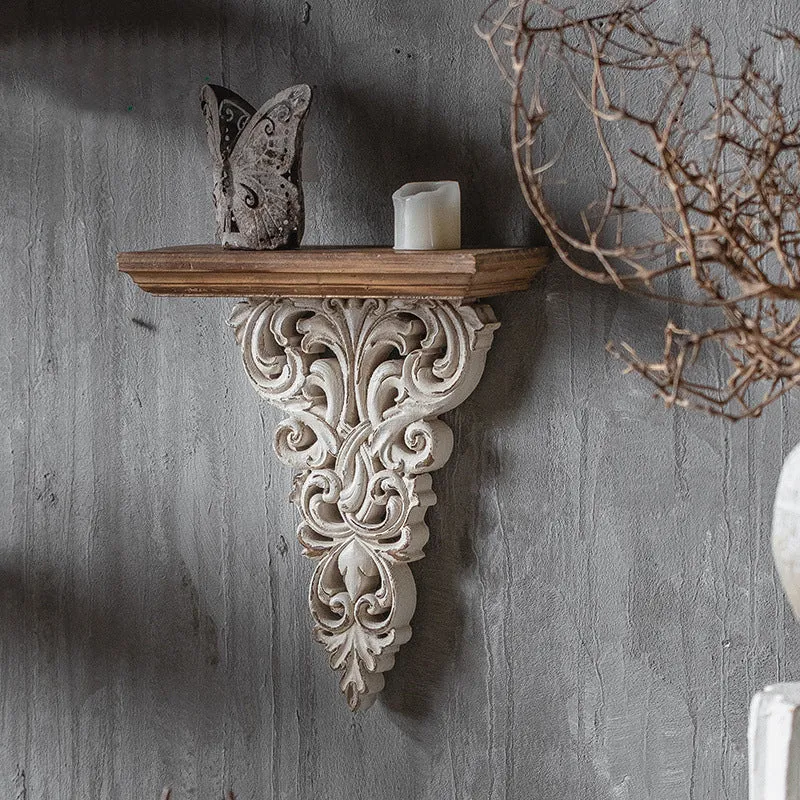 Traditional French MDF Distressed Hollow-Carved Beige & Brown Wooden Wall-Mounted Racks, Room Storage Shelf For Living Room