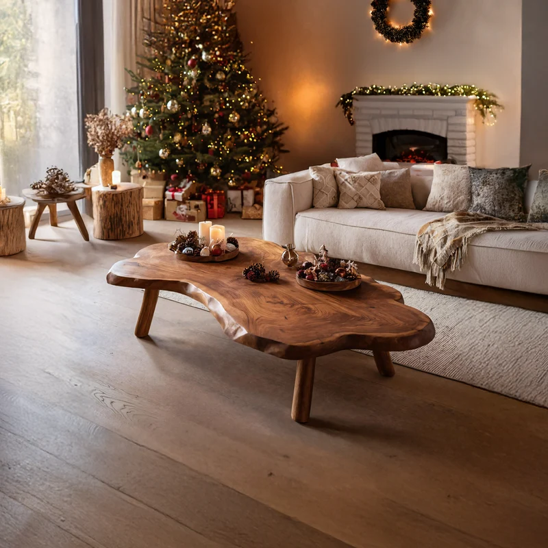 Spry Interior Farmhouse Live Edge Wooden Coffee Table, Rustic Solid Wood Slab Center Table for Modern Living Room Decor SILDTTRCCF006
