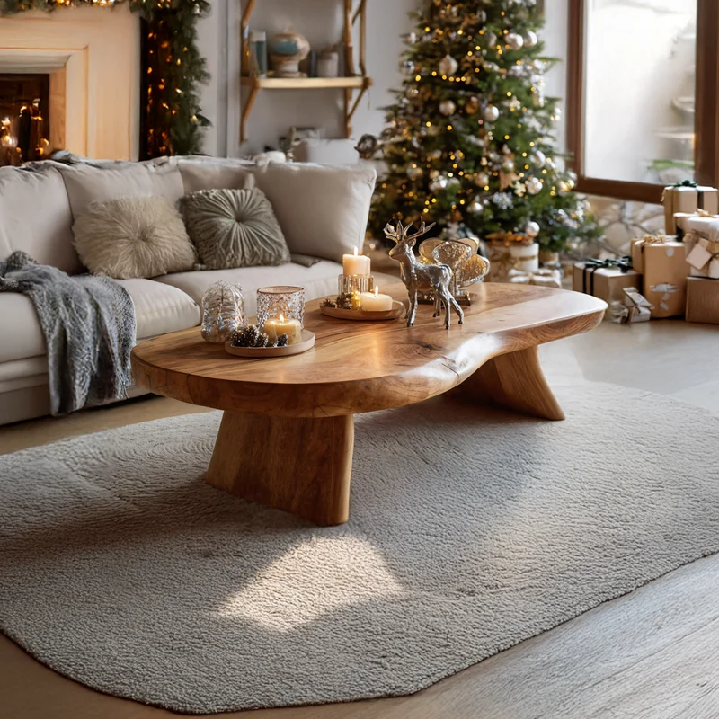 Spry Interior Handcrafted Rustic Solid Wood Coffee Table, Natural Edge Wooden Center Table, Mid-Century Modern Living Room Accent SILDTTRCCF013