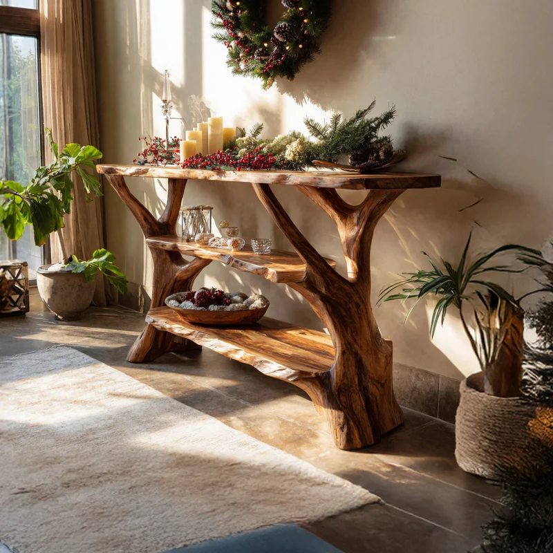 Spry Interior Mid-Century Rustic Live Edge Console Table, Solid Timber Slab Entryway Table, Retro Hallway Sofa Table SILDTTNCSC015