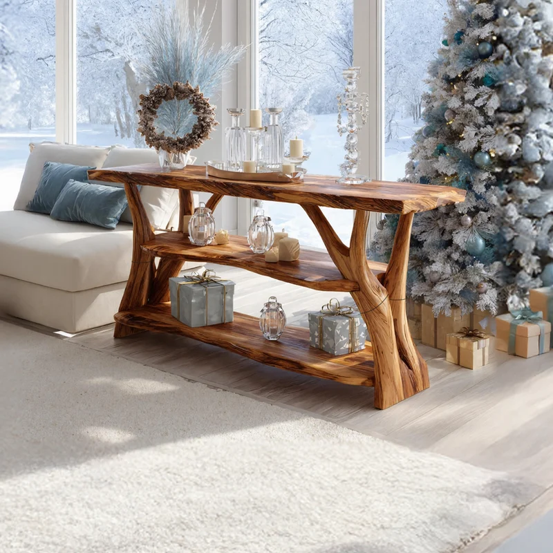 Spry Interior Handcrafted Live Edge Entryway Table, Natural Wood Slab Console Table, Rustic Hallway Behind Sofa Table SILDTTRCSC003