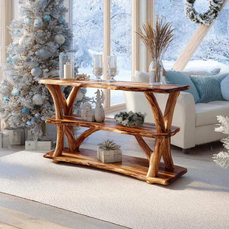 Spry Interior Mid-Century Live Edge Wooden Console Table, Solid Timber Slab Entryway Table, Sleek Hallway Foyer Table SILDTTRCSC009