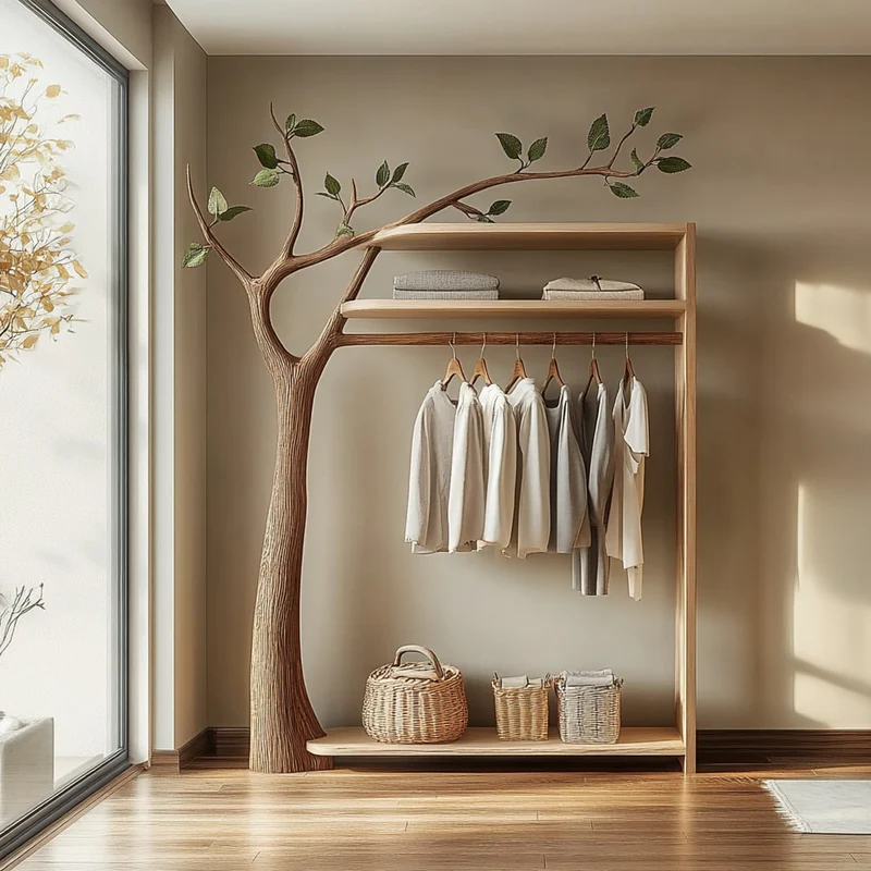 Spry Interior Nature-Inspired Wooden Tree Clothing Rack, Solid Wood Standing Coat Hanger, Modern Bedroom Garment Closet Organizer SINLKITCR053
