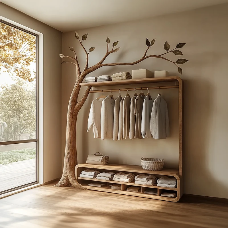 Rustic Solid Wood Tree Clothing Stand Natural Home SINLKITCR051