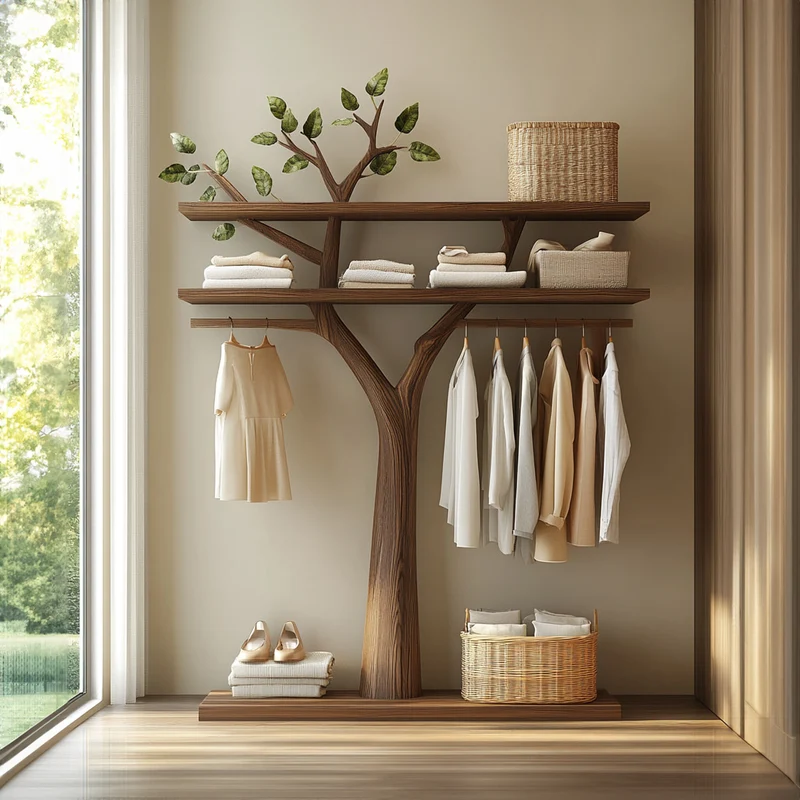 Spry Interior Sculptural Wooden Tree Clothing Rack, Artistic Solid Wood Standing Coat Stand, Creative Bedroom Clothes Hanging Rack SINLKITCR050
