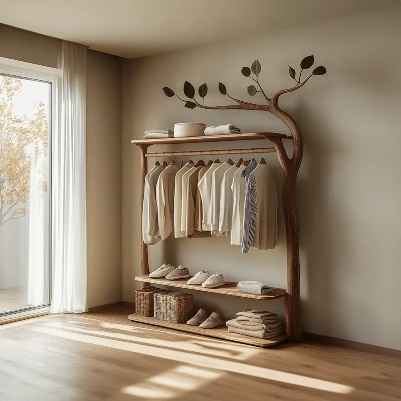 Spry Interior Rustic Wood Tree Wardrobe Rack, Handcrafted Solid Timber Clothes Hanging Organizer, Bedroom Free Standing Coat Rack SINLKITCR056