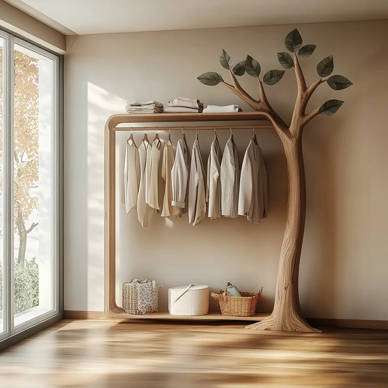 Spry Interior Rustic Tree Wardrobe Rack, Handcrafted Solid Wood Standing Clothes Garment Rack, Natural Branch Bedroom Organizer SINLKITCR054