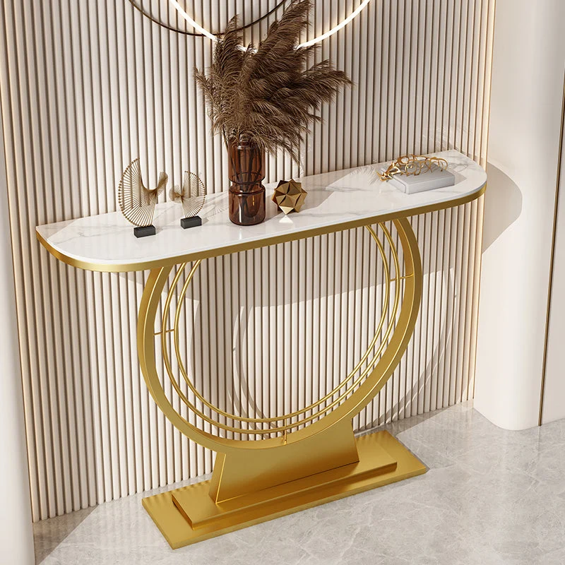 Glam Slate Console Table Half Moon Stain Resistant Pedestal Iron Sofa Table