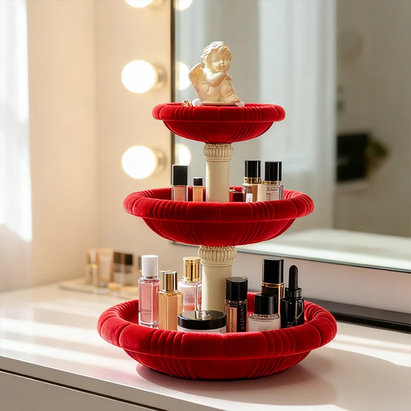 Contemporary Creative Resin Flocked Wishing Fountain-Inspired Design Swivel Desktop Storage Shelf 3-Tier For Perfume, Cosmetics & Aromatherapy For Living Room & Entryway