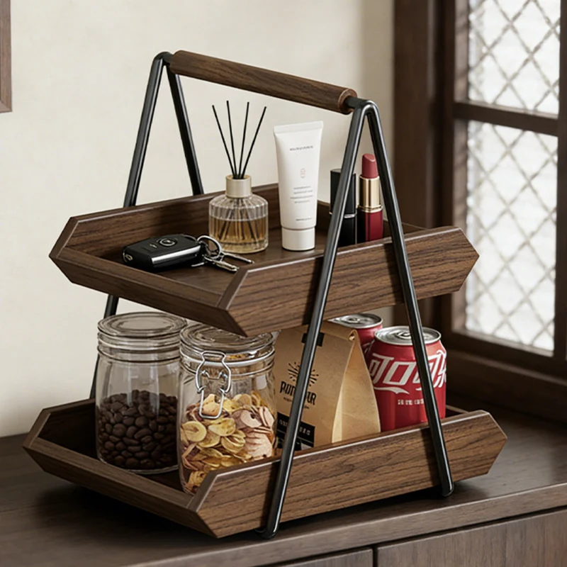 Contemporary Retro Solid Wood Iron Rectangular Desktop Storage Shelf 2-Tier For Living Room & Entryway