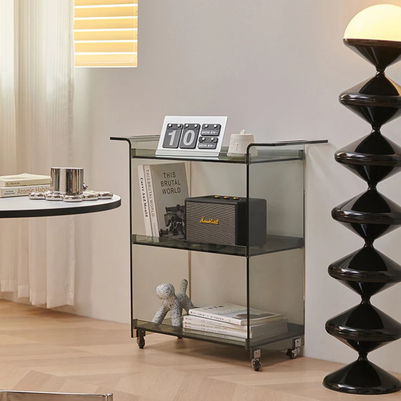 Modern Minimalist PC Plastic Rectangular Movable Side Table 3-Tier Storage & Casters For Living Room