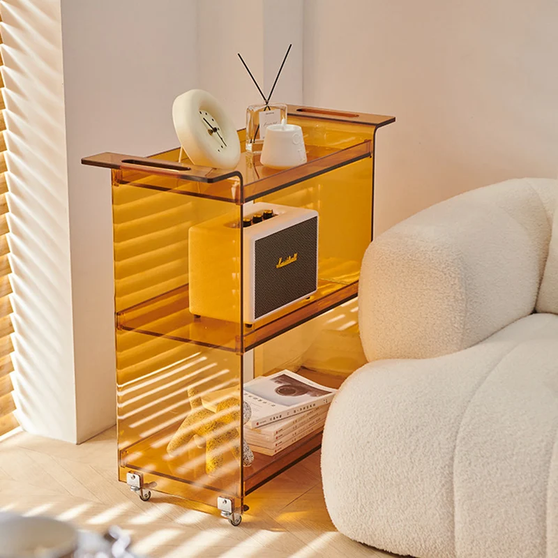 Modern Minimalist PC Plastic Rectangular Movable Side Table 3-Tier Storage & Casters For Living Room