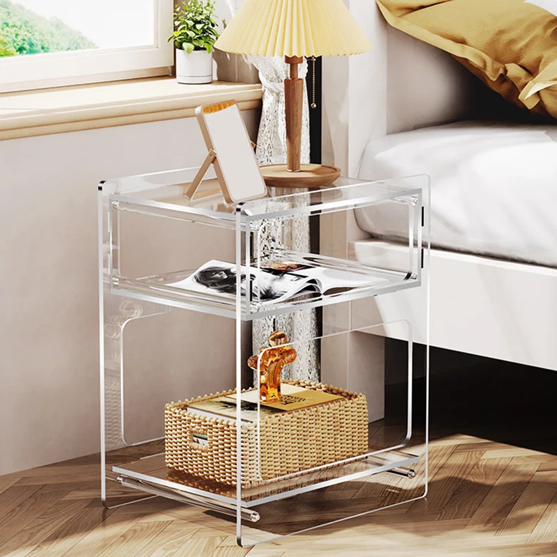Modern Minimalist Acrylic Rectangular Nightstand 3-Tier Storage For Bedroom