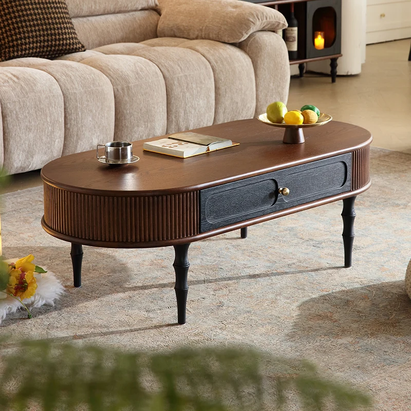 Traditional Retro Oval Red Oak Wood & Plywood Coffee Table 2-Drawer For Living Room