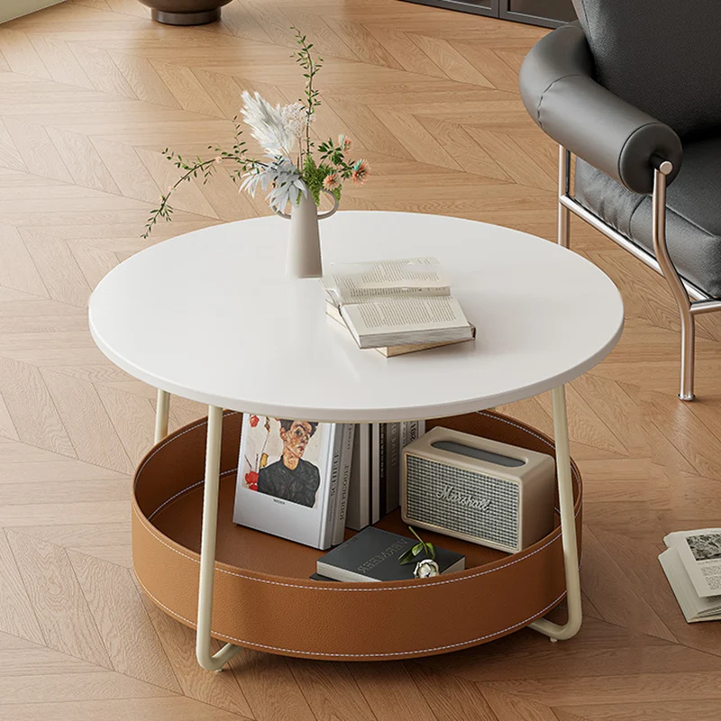 Contemporary Nordic Round Carbon Steel Rock Slab Saddle-Style Faux Leather Coffee Table 2-Tier For Living Room