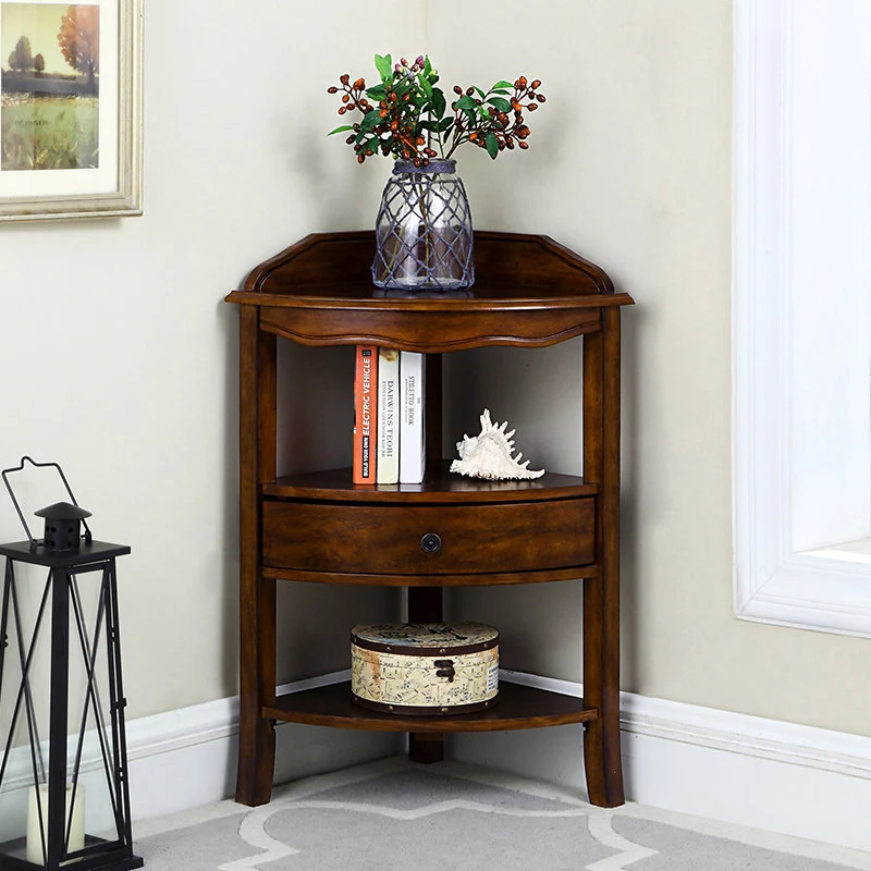 Traditional Chinese Triangular Fan-Shaped Birch Corner Shelf Unit 1-Drawer For Living Room