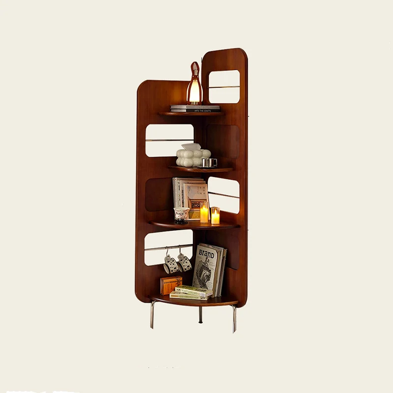 Contemporary Nordic Rectangular Fan-Shaped Rubberwood Stainless Steel Corner Shelf Unit 4-Tier For Living Room