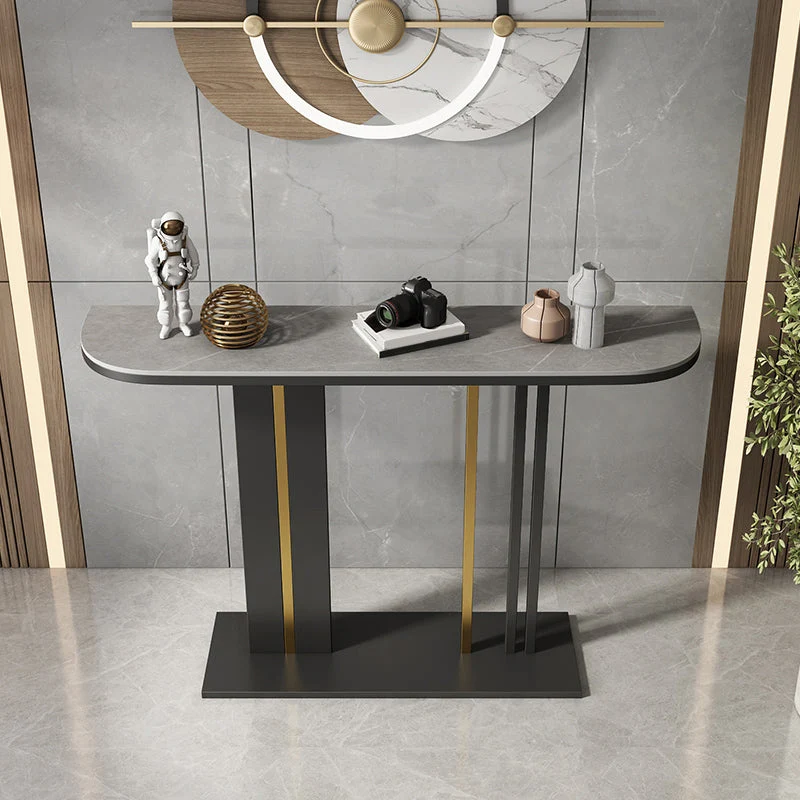 Modern Half Moon Console Table with Stone Top and Iron Pedestal Base