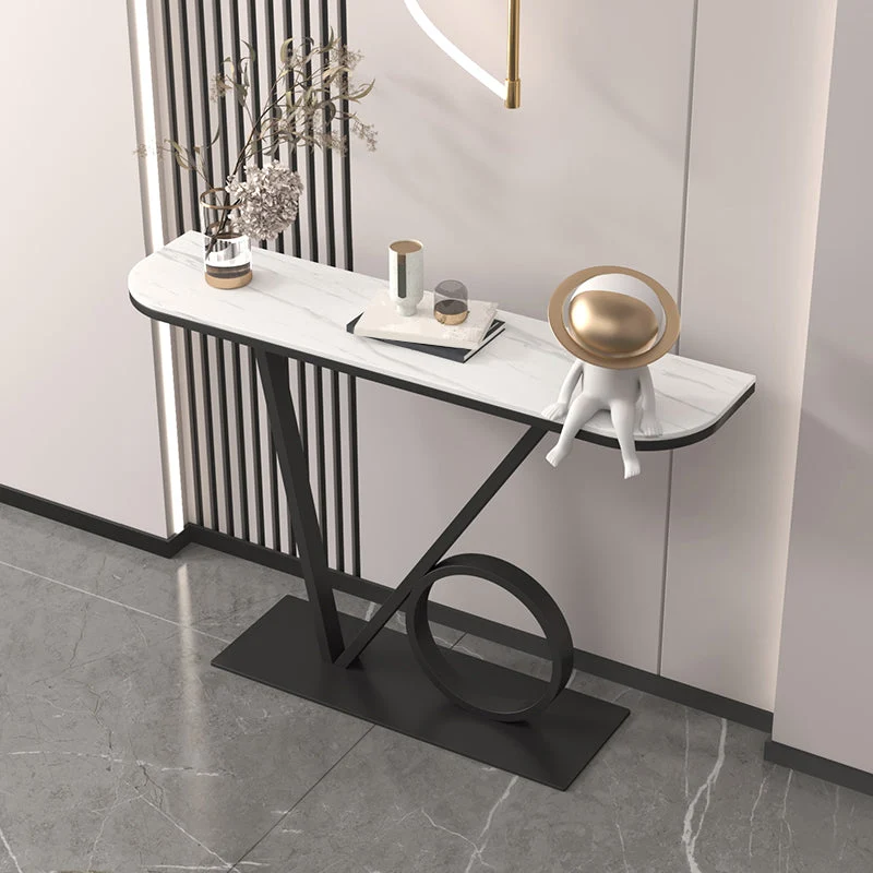 Iron Pedestal Base Accent Table with Half Moon Stone Top for Hall