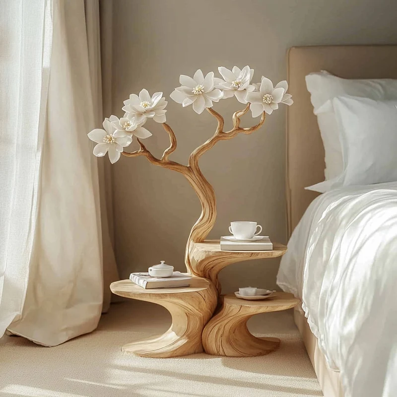 Spry Interior Handcrafted Rustic Flower Tree Bedside Table, Creative Wood Nightstand & Accent End Table for Bedroom, Entryway SINLKIBT149