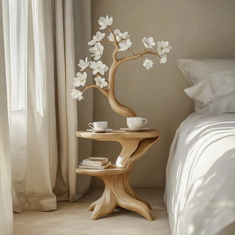 Spry Interior Handcrafted Rustic Flower Shaped Bedside Table, Solid Wood Nightstand & Decorative Accent End Table for Entryway SINLKIBT153