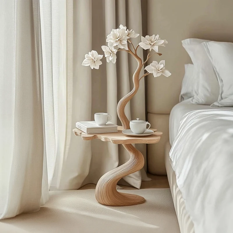 Spry Interior Rustic Tree Shaped Wood Side Table, Handcrafted Natural Log Bedside Nightstand & Accent End Table for Bedroom SINLKIBT154