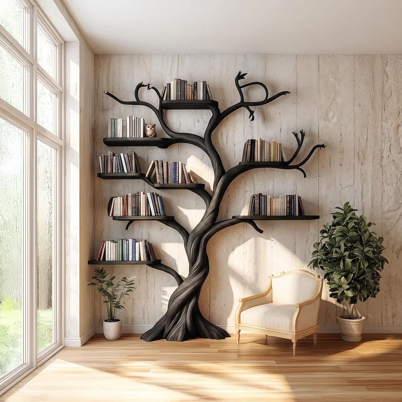 Spry Interior Rustic Tree Bookshelf, Solid Wood Wall Mounted Bookcase & Artistic Hanging Display Organizer for Modern Living Room - SINLSATB305