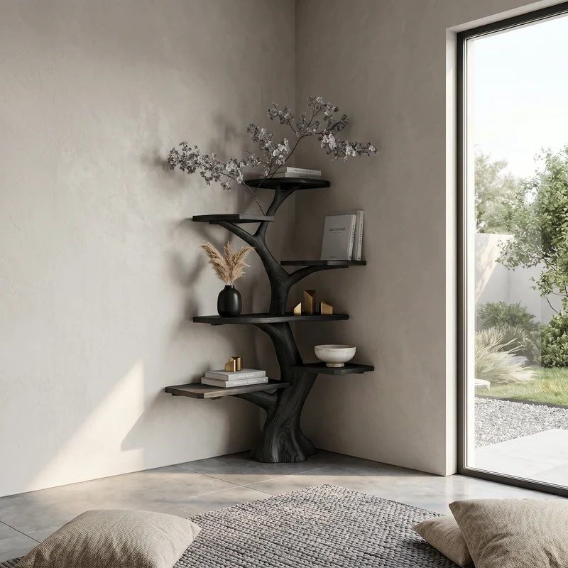 Spry Interior Rustic Corner Tree Bookshelf, Solid Wood Wall Mounted Bookcase & Decorative Hanging Corner Display for Living Room Decor - SINLSATB309