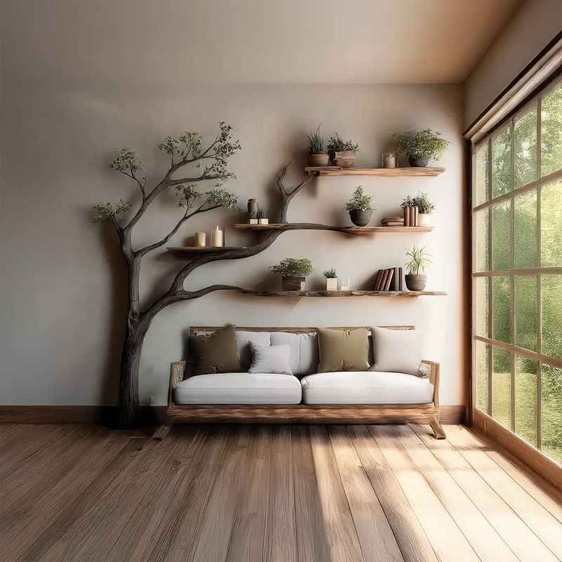 Spry Interior Rustic Branch Bookshelf, Solid Wood Wall Mounted Bookcase & Handcrafted Decorative Floating Organizer for Living Room - SINLSATB307