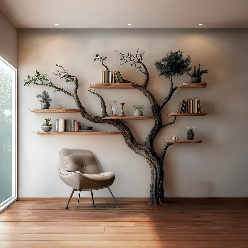 Spry Interior Rustic Tree Bookshelf, Solid Wood Wall Mounted Bookcase & Decorative Floating Hanging Shelf Organizer for Living Room Wall - SINLSATB306