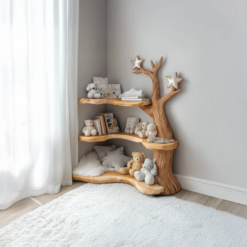 Spry Interior Rustic Tree Bookshelf, Handcrafted Solid Wood Bookcase & Floating Shelves for Baby Nursery Reading Nook Wall Storage - SINLSATB313