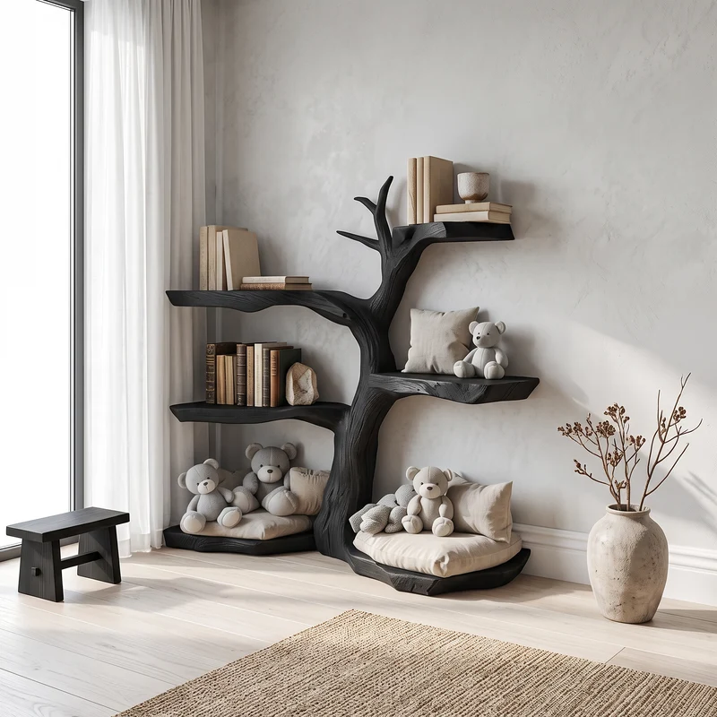 Spry Interior Rustic Corner Tree Bookshelf, Solid Wood Kids Bedroom Wall Hanging Bookcase & Toy Storage Organizer Shelf - SINLSATB311